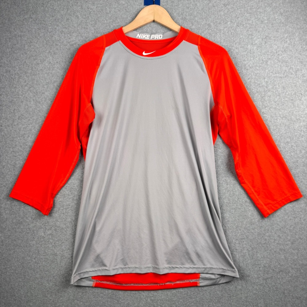Nike Pro Shirt Mens Medium Gray Orange MLB Dri-FIT 3/4 Sleeve Raglan Undershirt